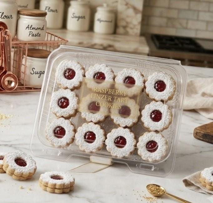 Raspberry Linzer Tarts

Classic European-style Raspberry Linzer Tart Cookies made with a buttery almond shortbread crust and filled with vibrant raspberry preserves. Finished with a delicate lattice top and a dusting of powdered sugar, each cookie offers a timeless balance of sweet and tart. ~

Approximately 16–18 cookies per 8 oz package.