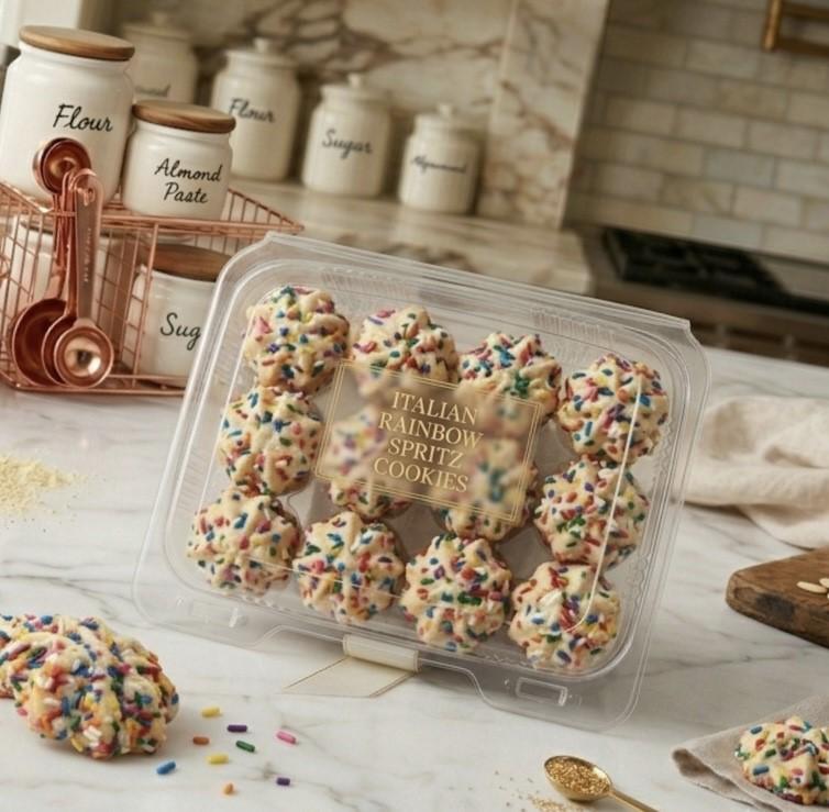 Italian Rainbow Spritz Cookies

Delicately handcrafted Italian butter spritz cookies with a rich, buttery crumb and tender melt-in-your-mouth texture. Each cookie is finished with a vibrant coating of colorful sprinkles for a festive touch that balances nostalgic charm with gourmet refinement. ~

Approximately 12 cookies per 8 oz package