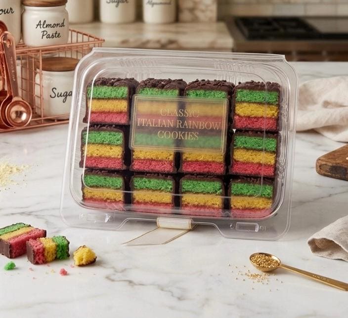 Italian Rainbow Cookies

Three delicate almond sponge layers in vibrant Italian flag colors, filled with sweet raspberry jam and finished with a smooth chocolate coating ~

Approximately 12 cookies per 8 oz package.